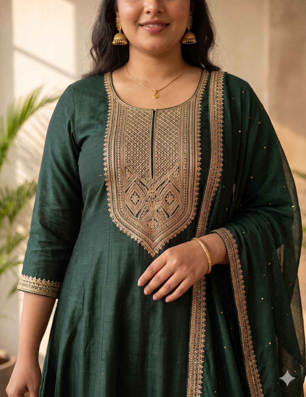 Emerald Green Embroidered Vichitra Silk Anarkali Suit Set with Dupatta