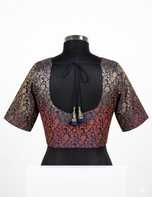 Plus size navy blue brocade blouse
