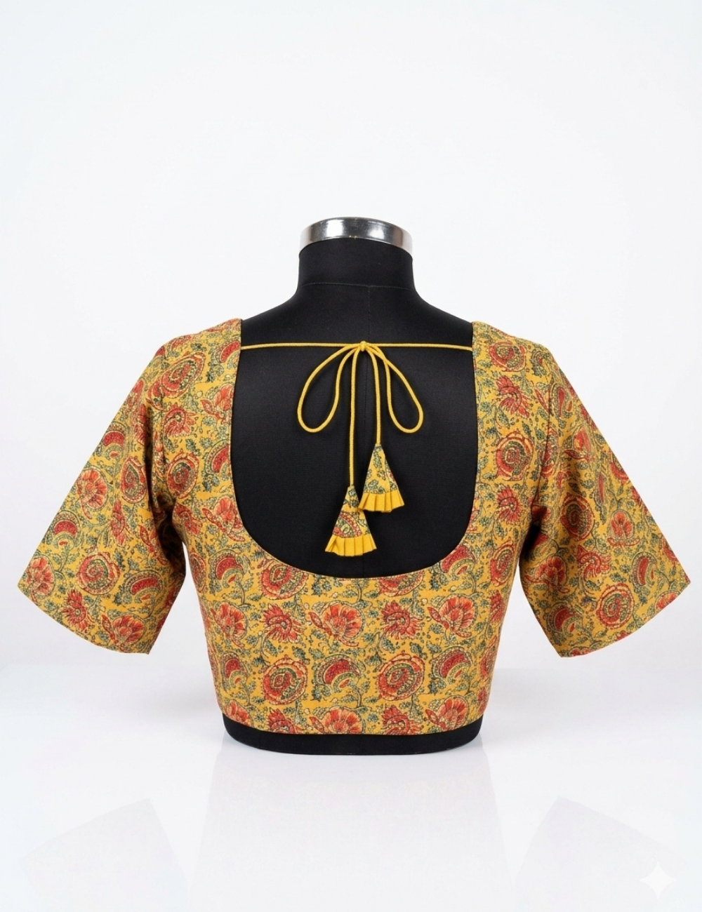 Plus size mustard yellow kalamkari floral printed cotton readymade blouse