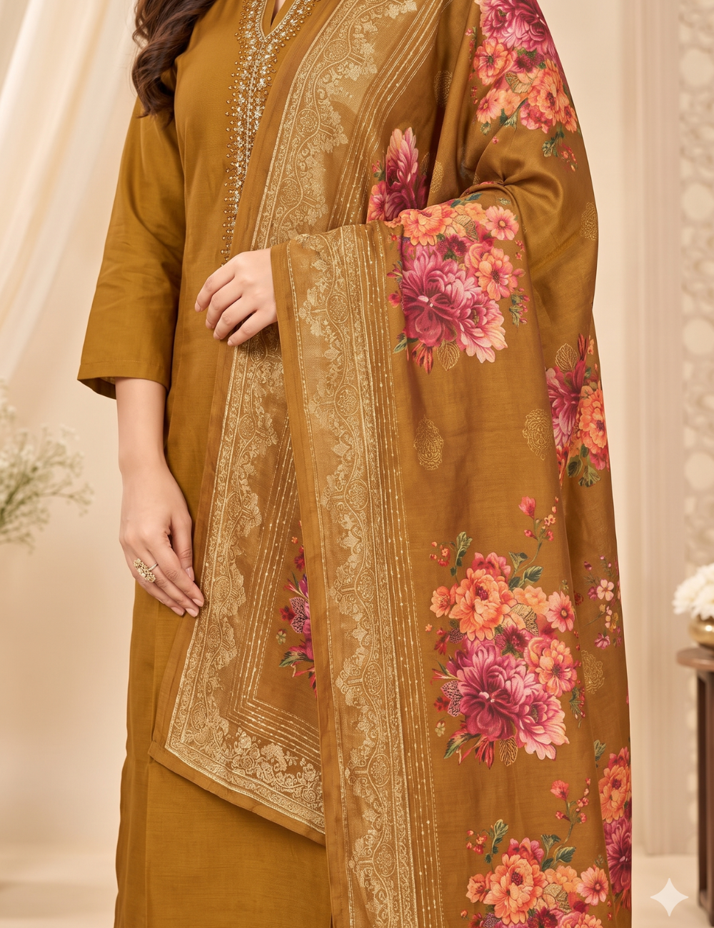 Royal Mustard-Olive Vichitra Crepe Silk Kurta Pant Set with Floral Print Dupatta