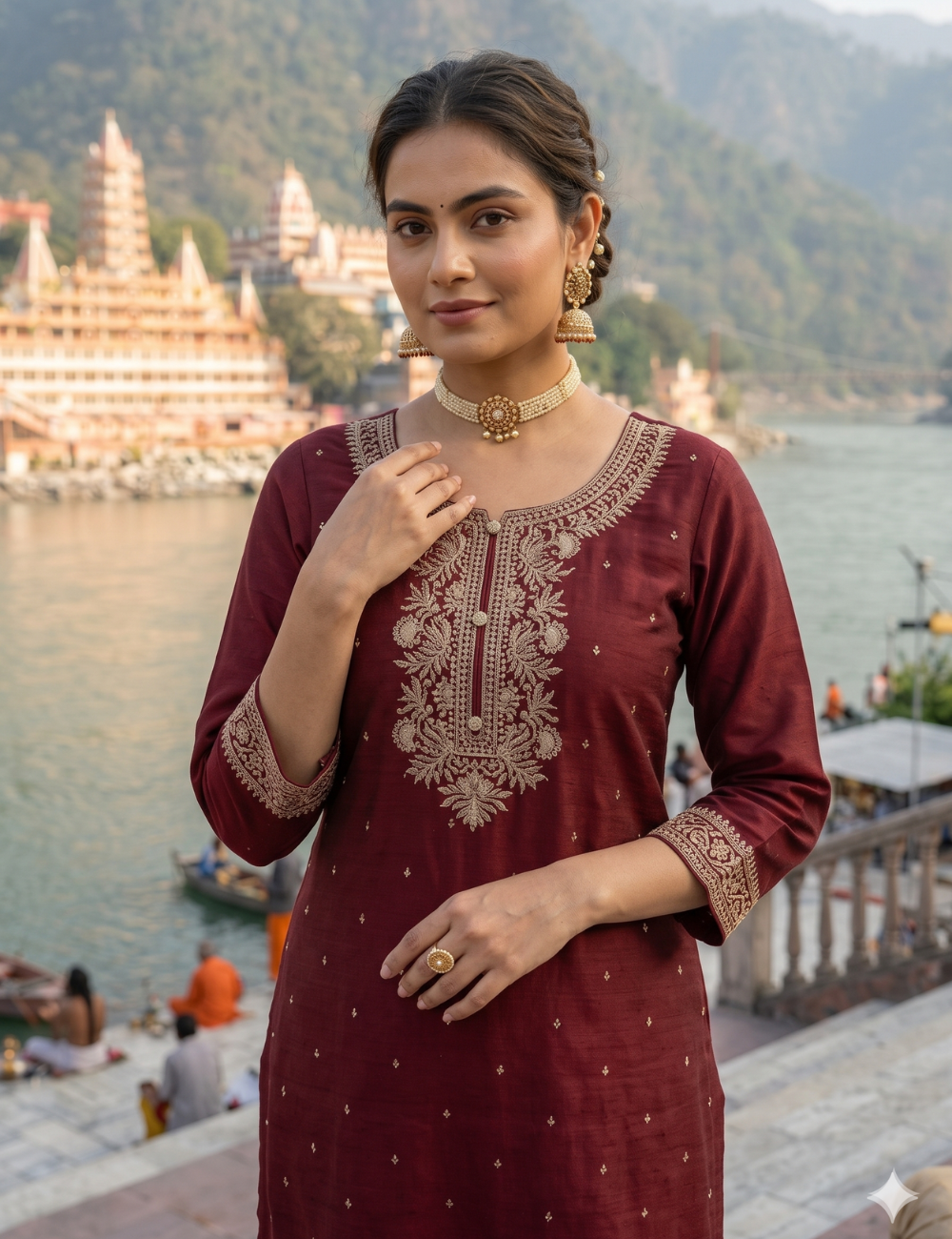Elegant Deep Maroon Vichitra Crepe Silk Kurta Pant Set with Embroidered Dupatta