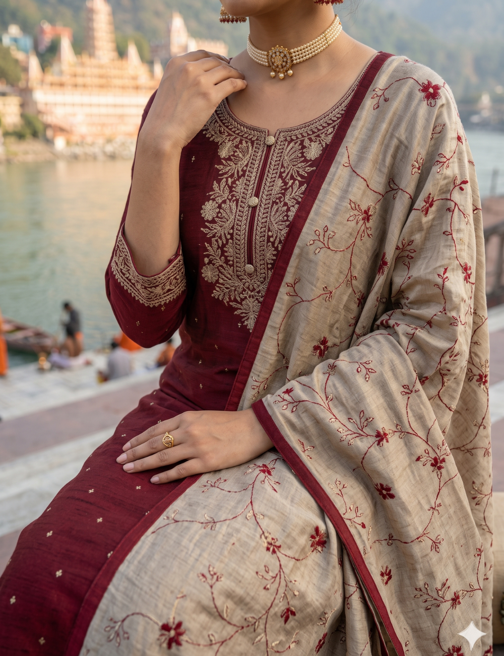 Elegant Deep Maroon Vichitra Crepe Silk Kurta Pant Set with Embroidered Dupatta