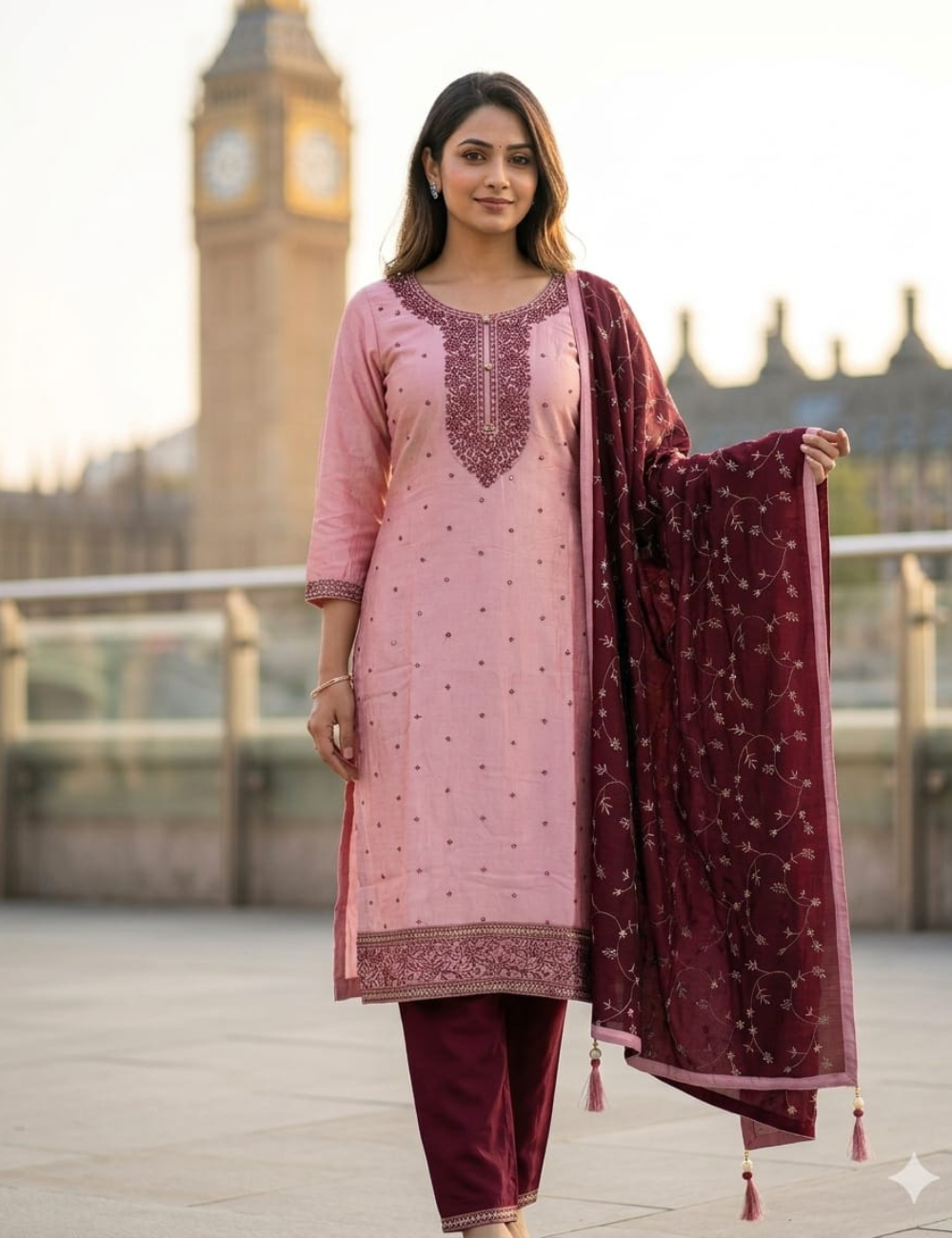Charming Light Pink and Deep Maroon Vichitra Crepe Silk Kurta Pant Set with Embroidered Dupatta