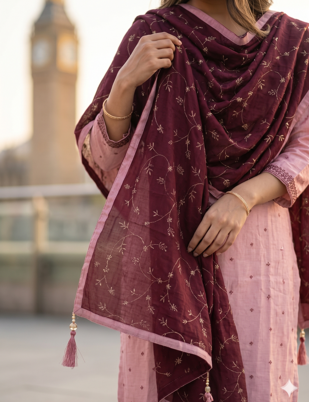 Charming Light Pink and Deep Maroon Vichitra Crepe Silk Kurta Pant Set with Embroidered Dupatta