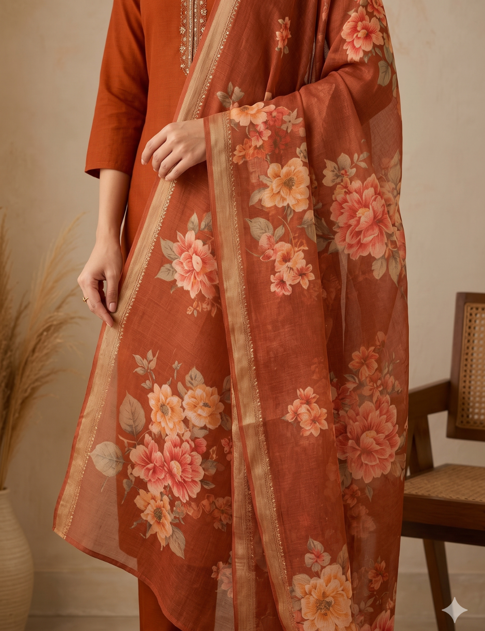 Rust Orange Vichitra Crepe Silk Kurta Pant Set with Floral Print Organza Dupatta