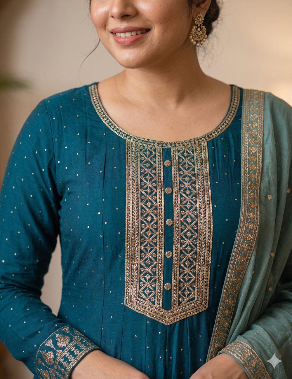 Deep Teal blue embroidered Silk Blend Anarkali Gown Set with Dupatta