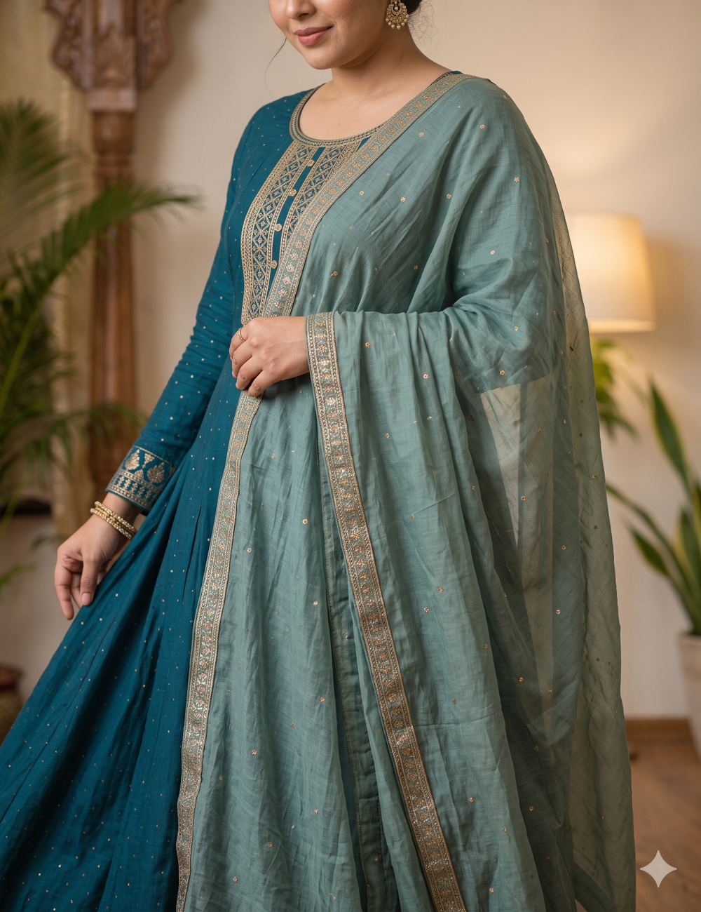 Deep Teal blue embroidered Silk Blend Anarkali Gown Set with Dupatta