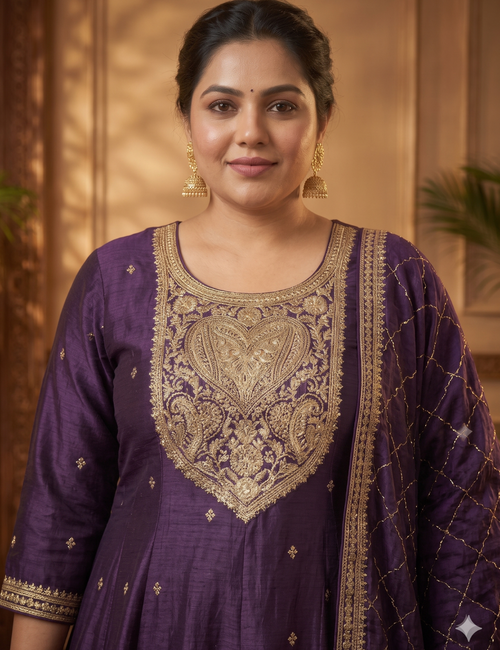 Deep Eggplant Purple Silk Anarkali Suit Set with Intricate Gold Yoke and Lattice Dupatta