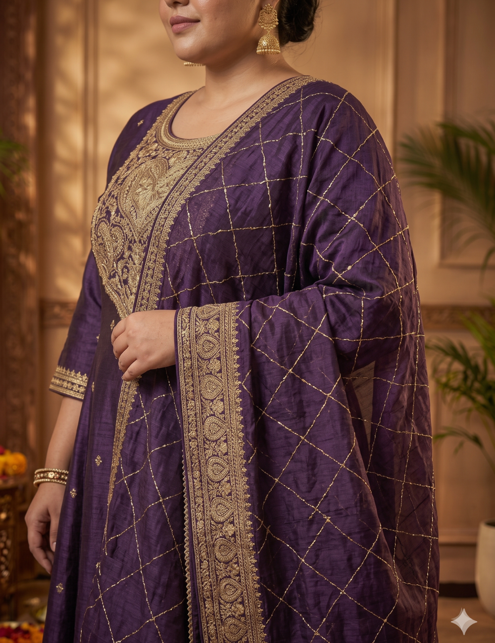 Deep Eggplant Purple Silk Anarkali Suit Set with Intricate Gold Yoke and Lattice Dupatta