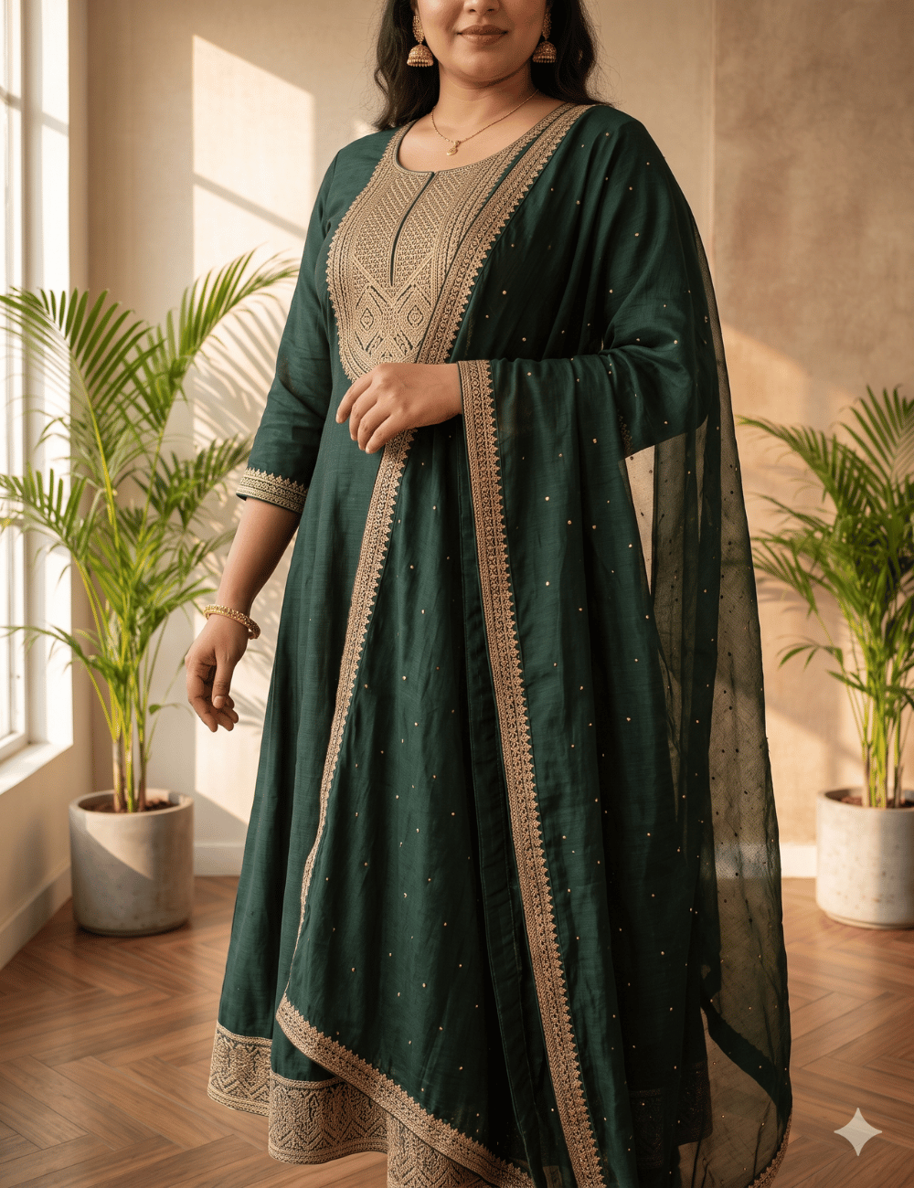Emerald Green Embroidered Vichitra Silk Anarkali Suit Set with Dupatta