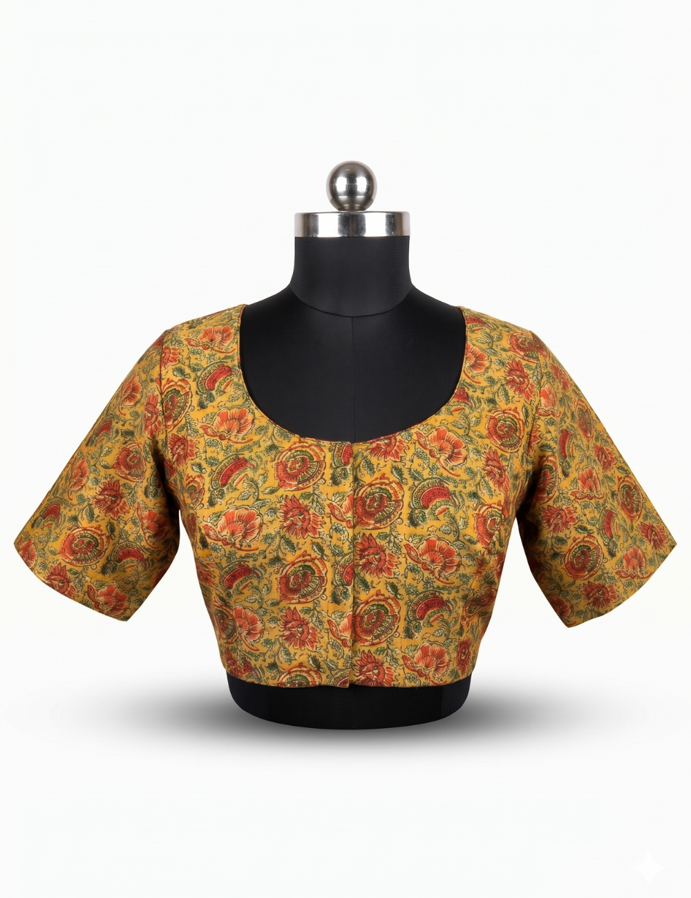 Plus size mustard yellow kalamkari floral printed cotton readymade blouse