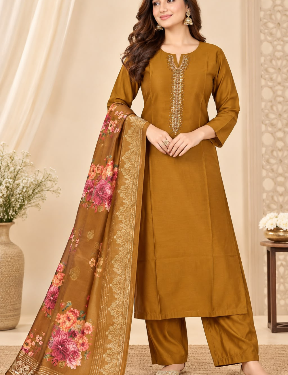 Royal Mustard-Olive Vichitra Crepe Silk Kurta Pant Set with Floral Print Dupatta