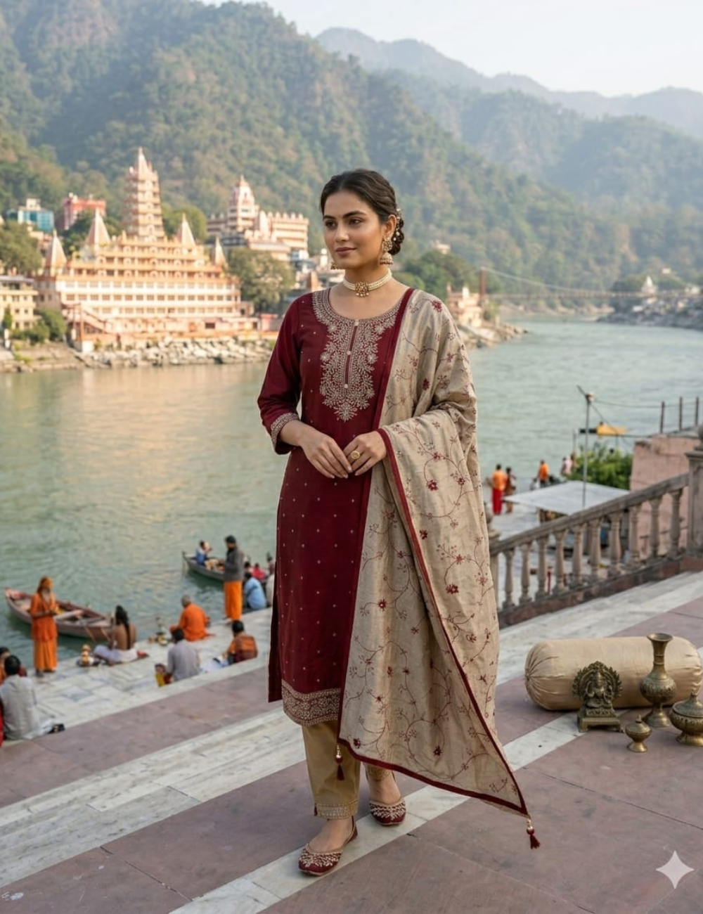 Elegant Deep Maroon Vichitra Crepe Silk Kurta Pant Set with Embroidered Dupatta