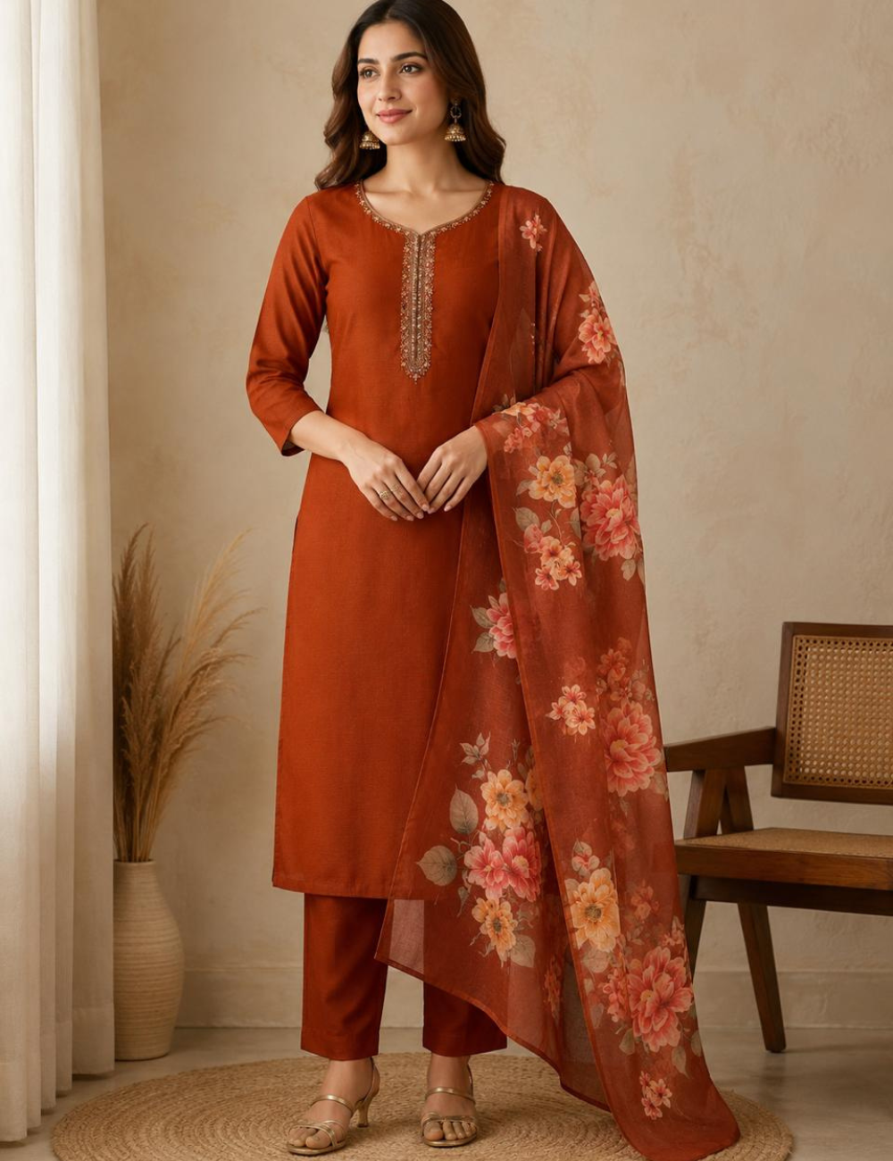 Rust Orange Vichitra Crepe Silk Kurta Pant Set with Floral Print Organza Dupatta