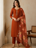 Rust Orange Vichitra Crepe Silk Kurta Pant Set with Floral Print Organza Dupatta