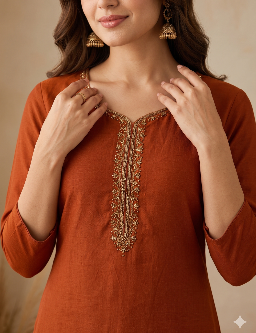 Rust Orange Vichitra Crepe Silk Kurta Pant Set with Floral Print Organza Dupatta