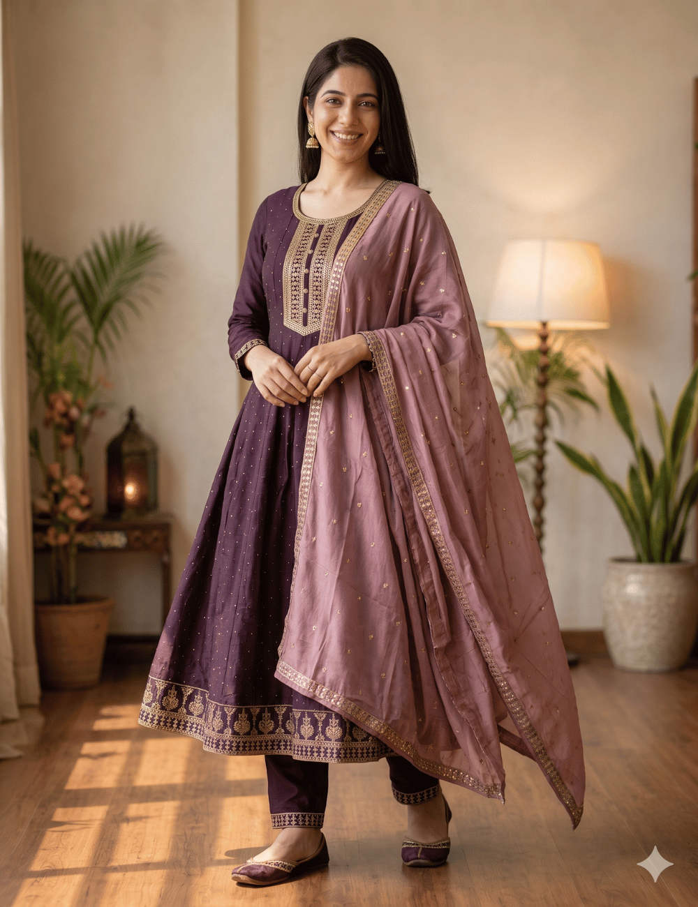 Deep Plum Embroidered Chanderi Silk Anarkali Suit Set with Dusty Rose Dupatta