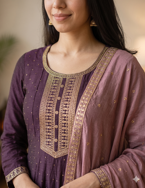Deep Plum Embroidered Chanderi Silk Anarkali Suit Set with Dusty Rose Dupatta