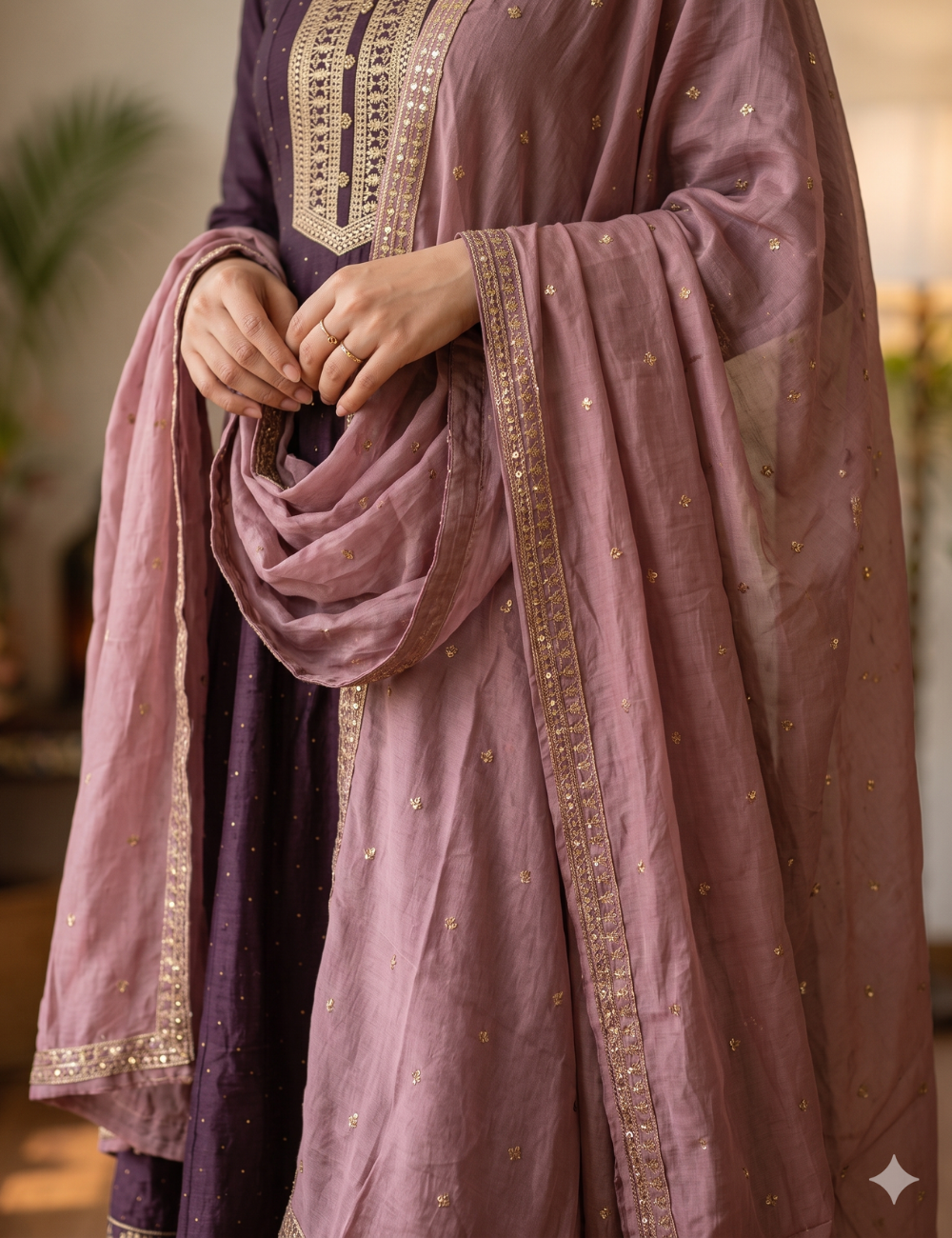 Deep Plum Embroidered Chanderi Silk Anarkali Suit Set with Dusty Rose Dupatta