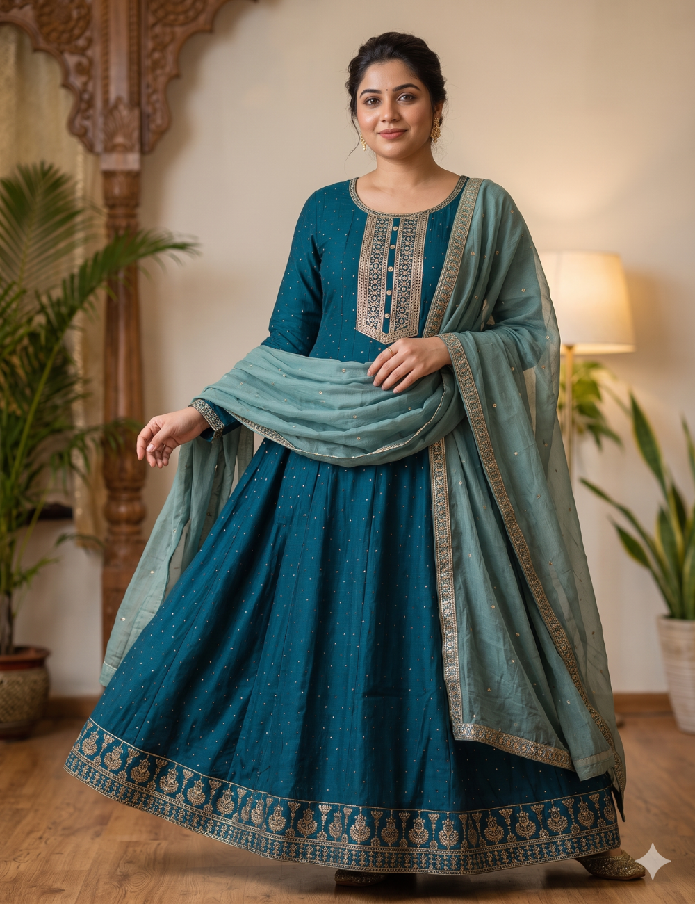 Deep Teal blue embroidered Silk Blend Anarkali Gown Set with Dupatta