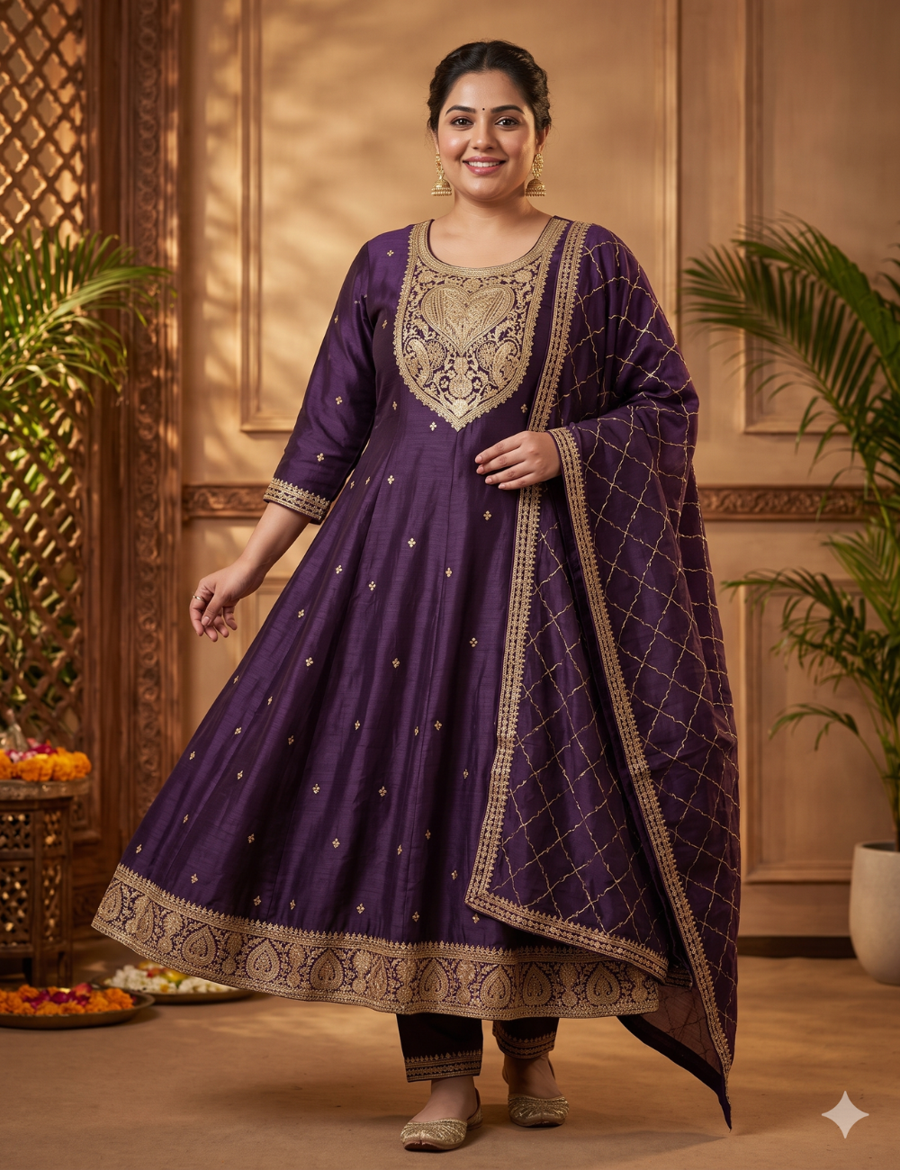 Deep Eggplant Purple Silk Anarkali Suit Set with Intricate Gold Yoke and Lattice Dupatta