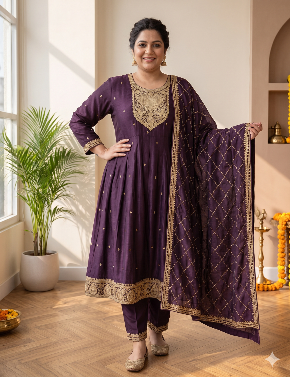 Regal Aubergine Silk Blend Anarkali Kurta Set with Intricate Zari Yoke & Embroidered Dupatta