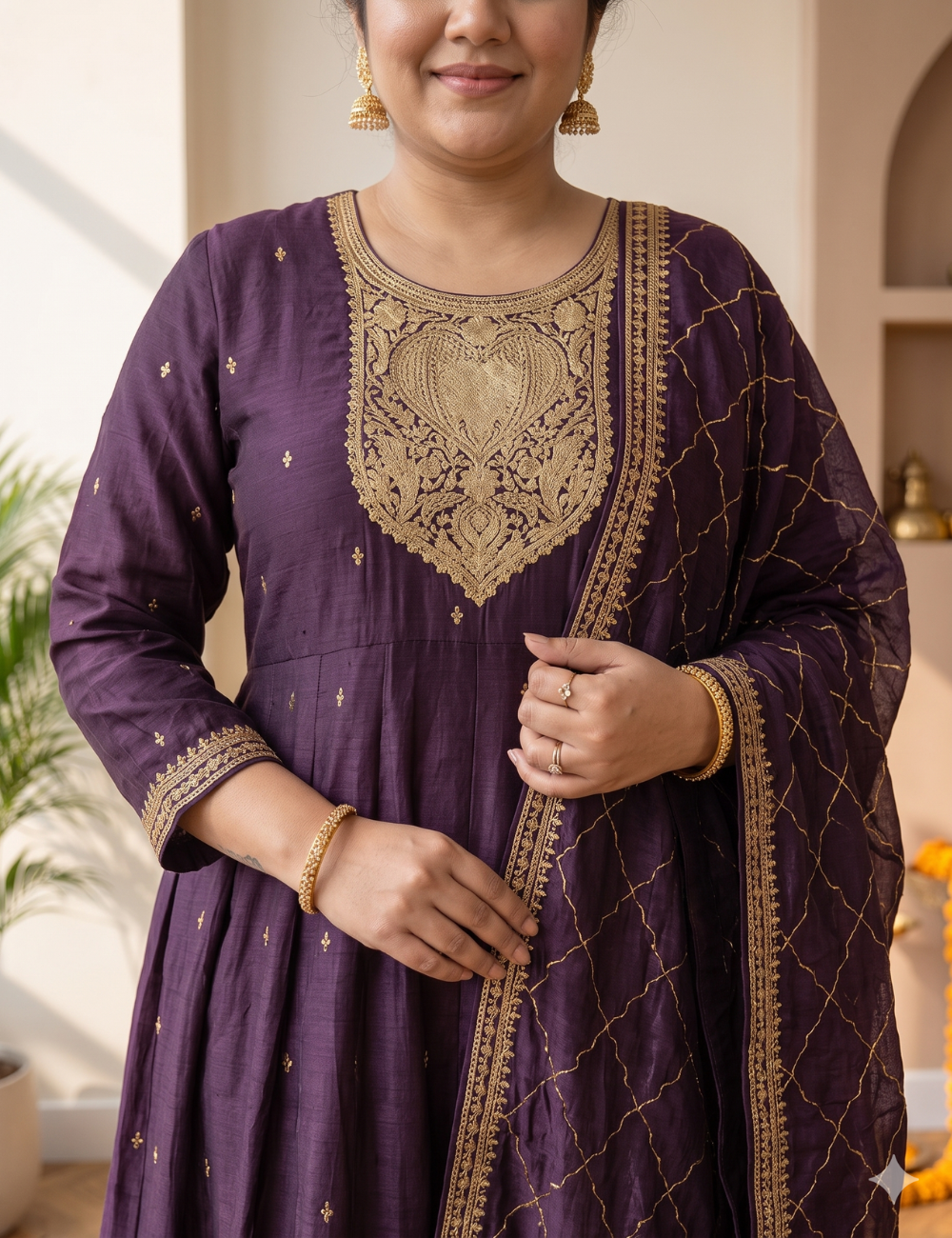 Regal Aubergine Silk Blend Anarkali Kurta Set with Intricate Zari Yoke & Embroidered Dupatta