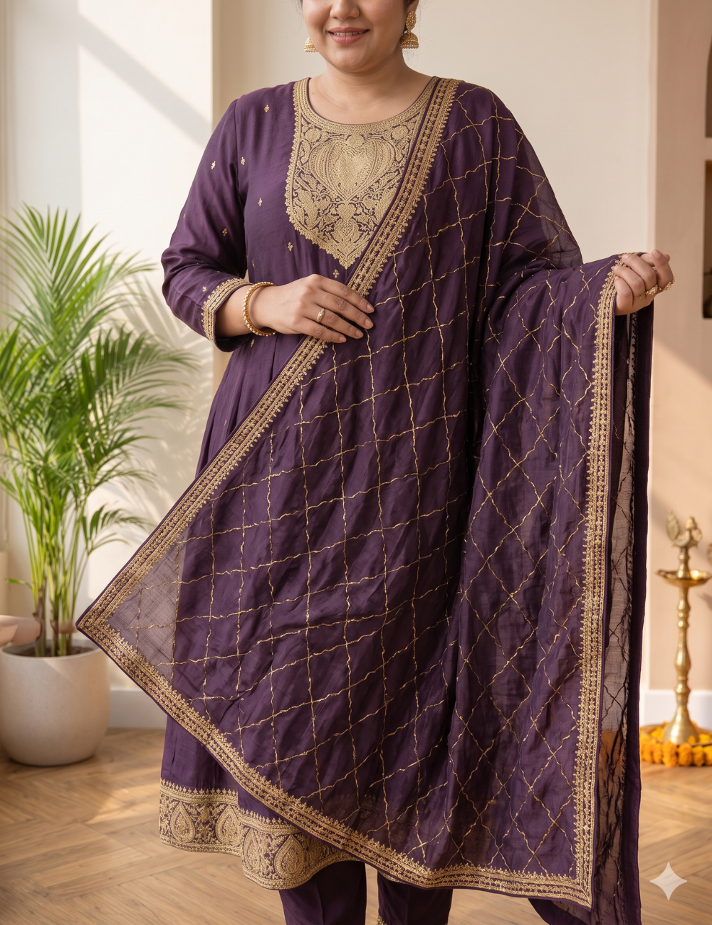 Regal Aubergine Silk Blend Anarkali Kurta Set with Intricate Zari Yoke & Embroidered Dupatta