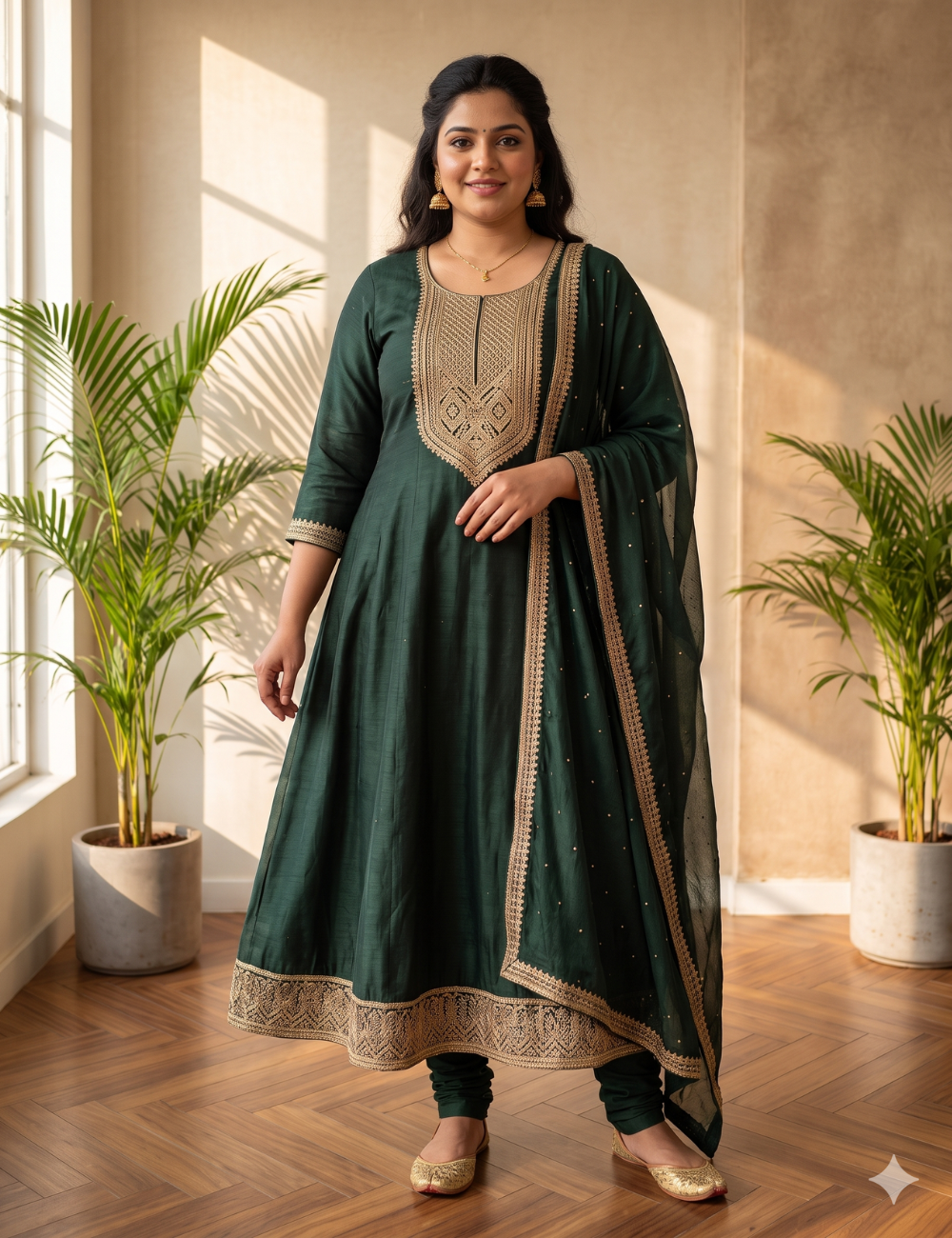 Emerald Green Embroidered Vichitra Silk Anarkali Suit Set with Dupatta