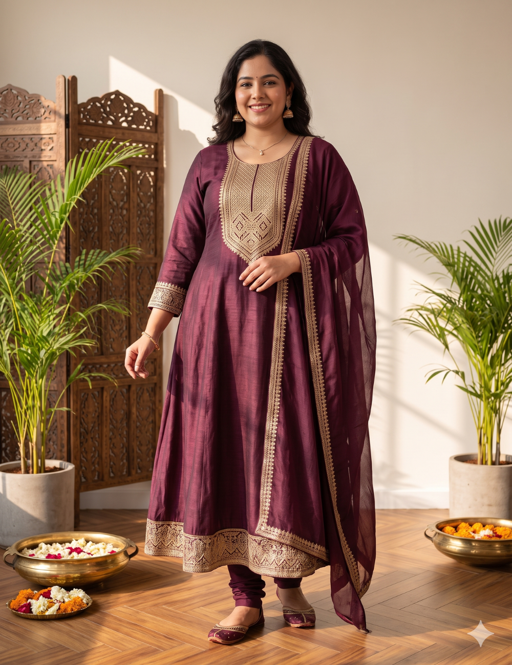 Plum Burgundy Vichitra silk Anarkali Suit Set with Zari Borders & Dupatta – Plus Size Collection