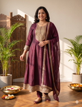 Plum Burgundy Vichitra silk Anarkali Suit Set with Zari Borders & Dupatta – Plus Size Collection