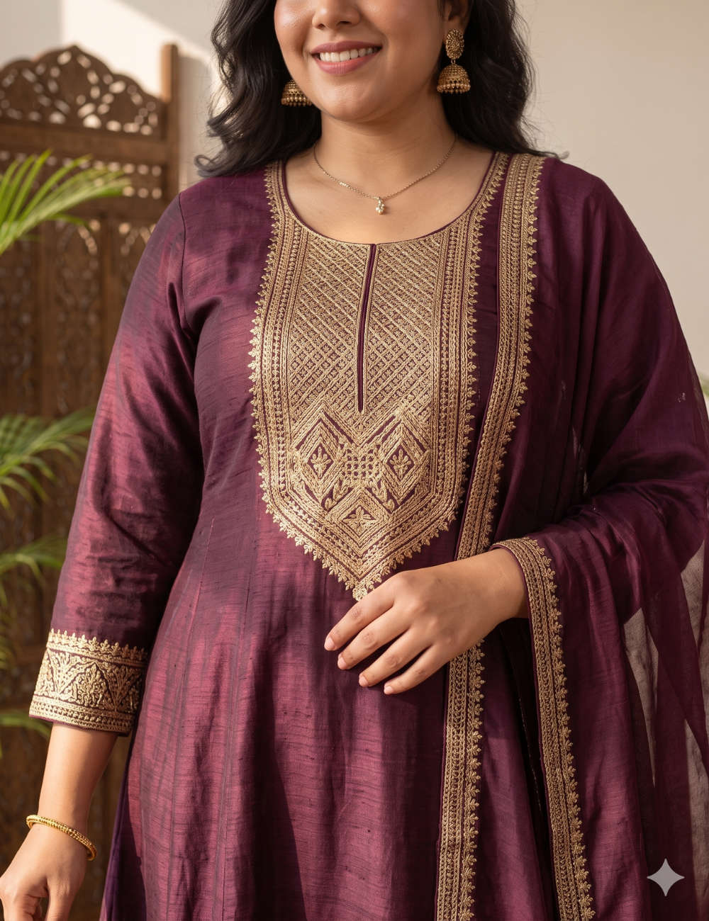 Plum Burgundy Vichitra silk Anarkali Suit Set with Zari Borders & Dupatta – Plus Size Collection