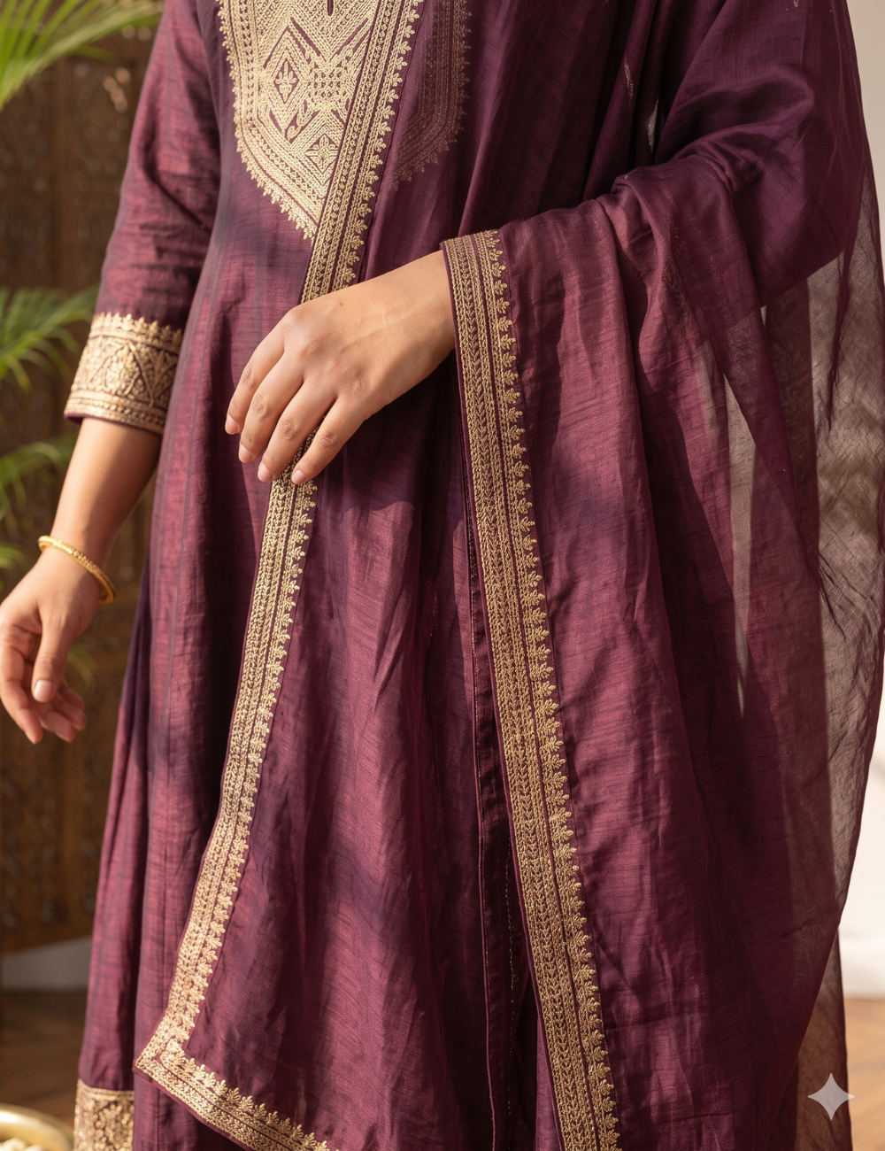 Plum Burgundy Vichitra silk Anarkali Suit Set with Zari Borders & Dupatta – Plus Size Collection